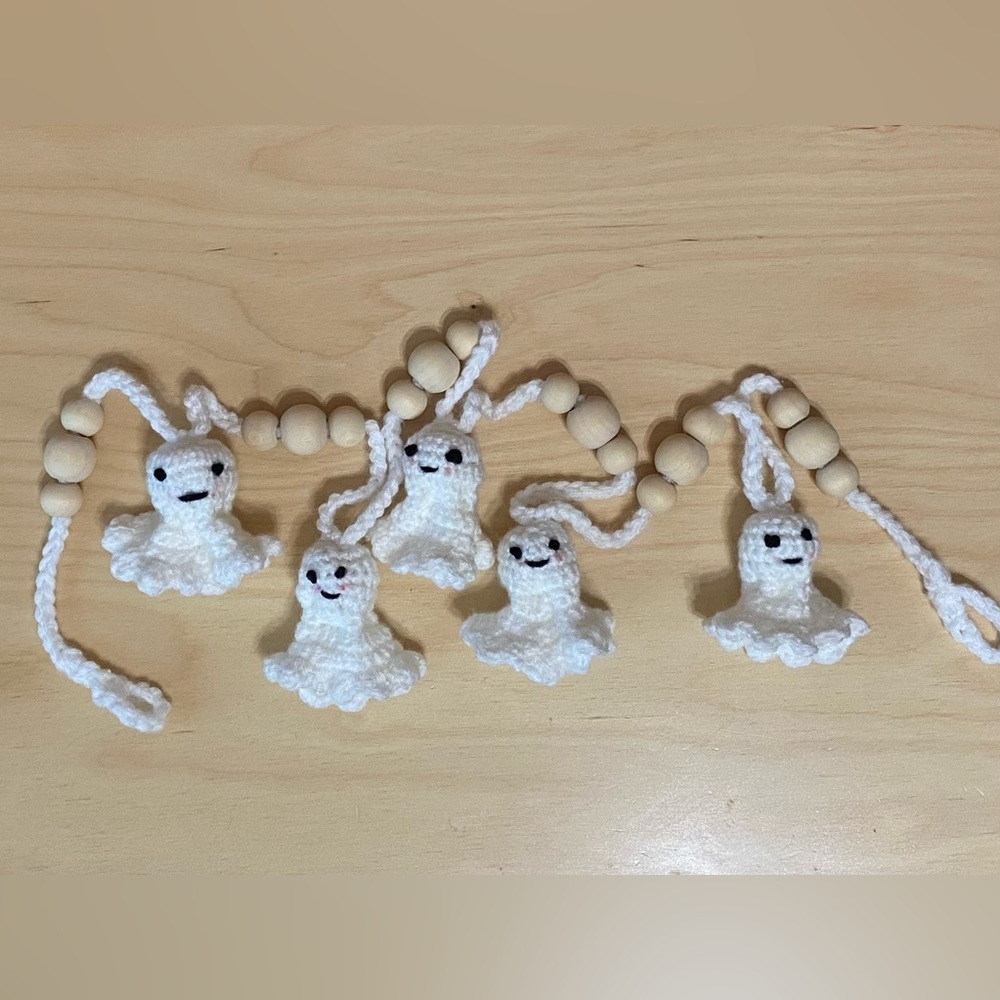 White crocheted Ghost garland with wooden beads handmade Halloween decor